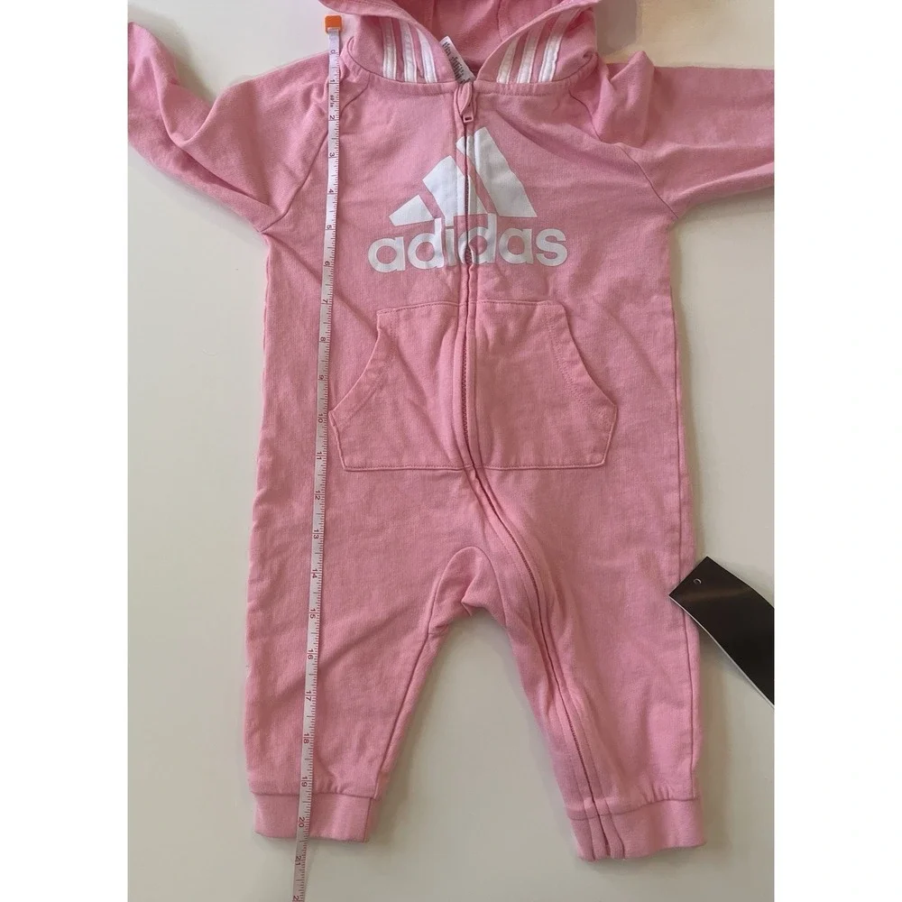 NWOT Adidas Baby Size 9M One Piece Bodysuit‎ Pink Stripe Logo Zip Up 100% Cotton